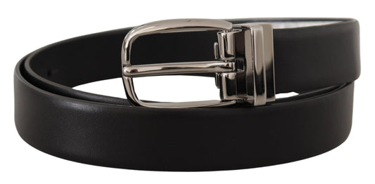 Dolce & Gabbana Black Leather Silver Metal Chrome Logo Buckle Belt
