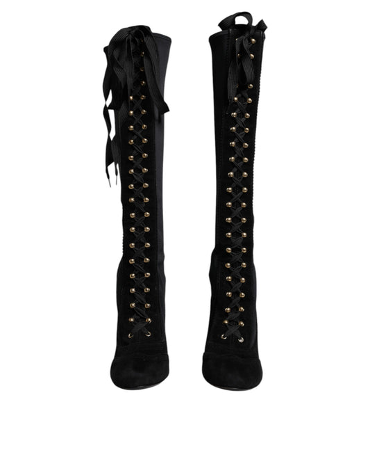 Dolce & Gabbana Black Lace Up Heels High Boots Shoes