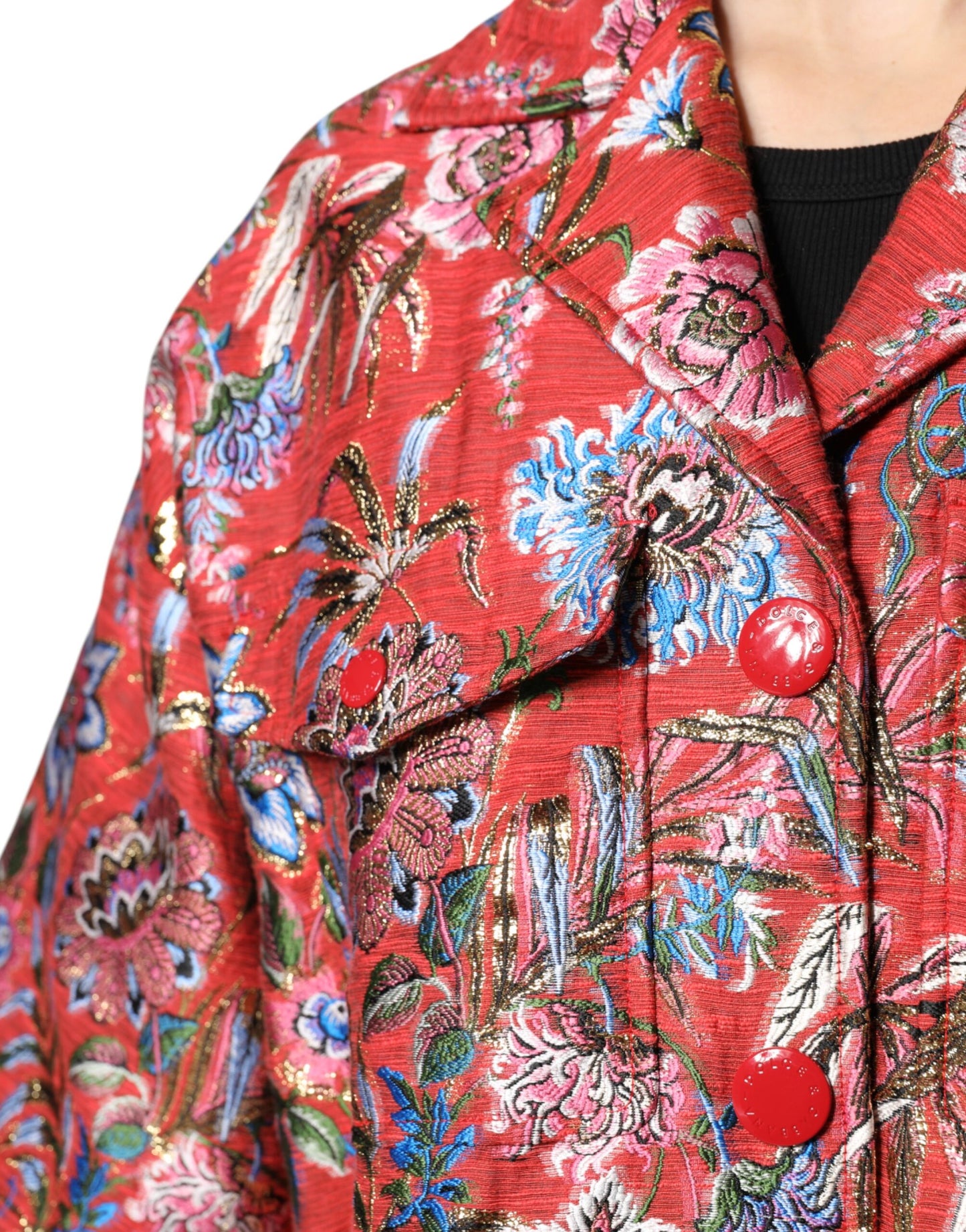 Dolce & Gabbana Red Floral Jacquard Button Down Coat Jacket