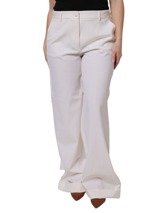 Dolce & Gabbana White Wool Mid Waist Wide Leg Pants