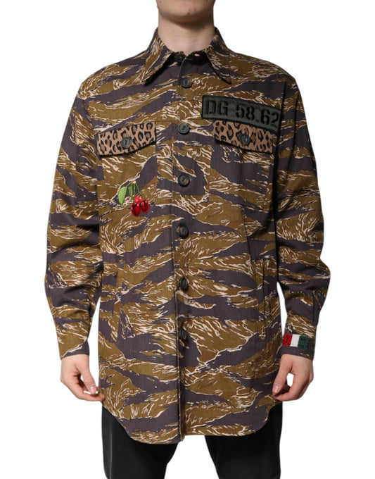 Dolce & Gabbana Brown Leopard Cotton Collared Coat Jacket