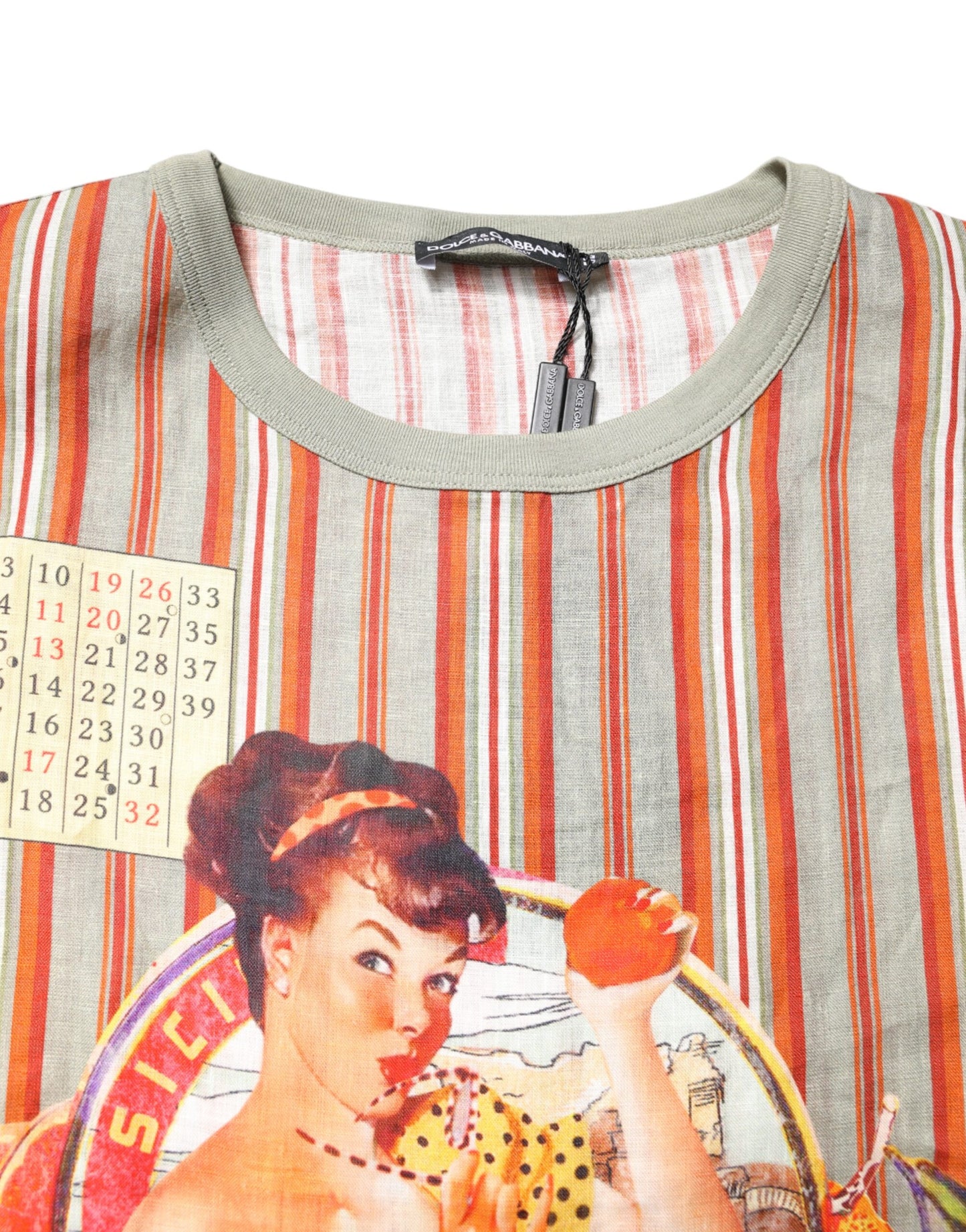 Dolce & Gabbana Multicolor Striped Graphic Linen Round Neck T-shirt