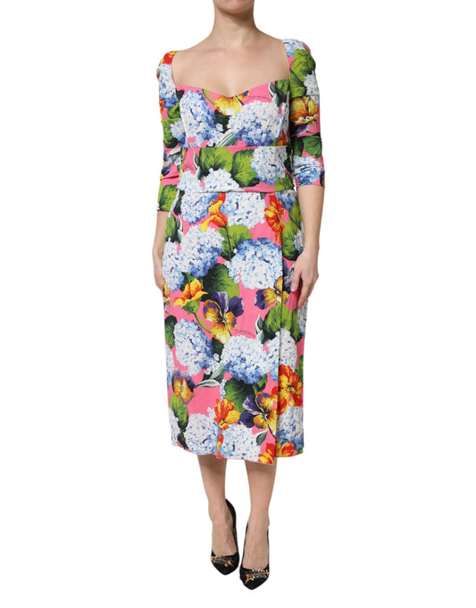 Dolce & Gabbana Multicolor Floral Pleated Sheath Midi Dress