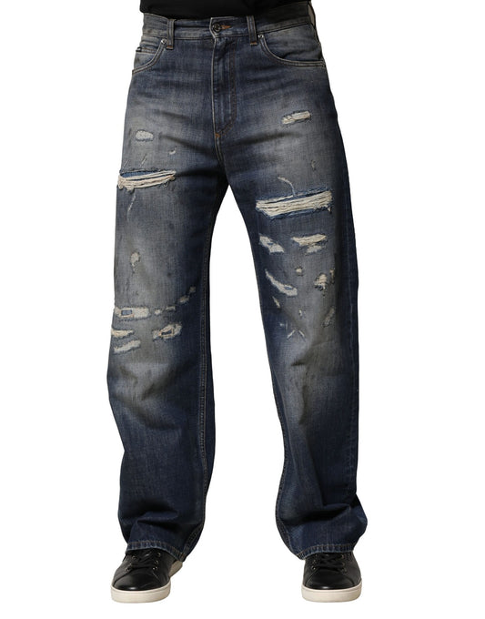Dolce & Gabbana Blue Washed Tattered Cotton Men Jeans