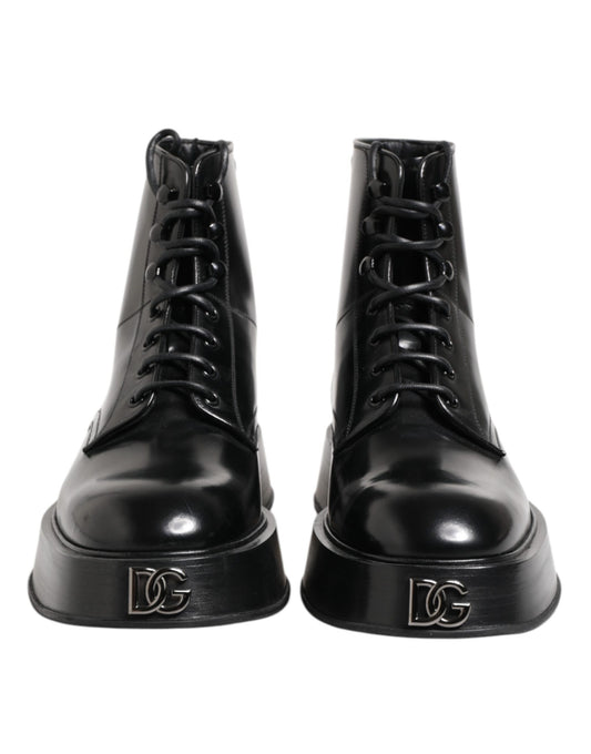 Dolce & Gabbana Black Leather Logo Ankle Boots Lace Up Shoes