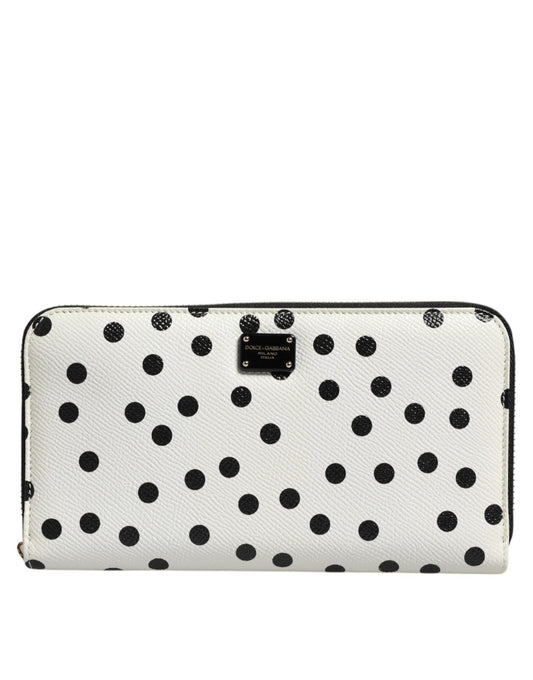 Dolce & Gabbana White Black Dotted Leather Zip Around Continental Wallet