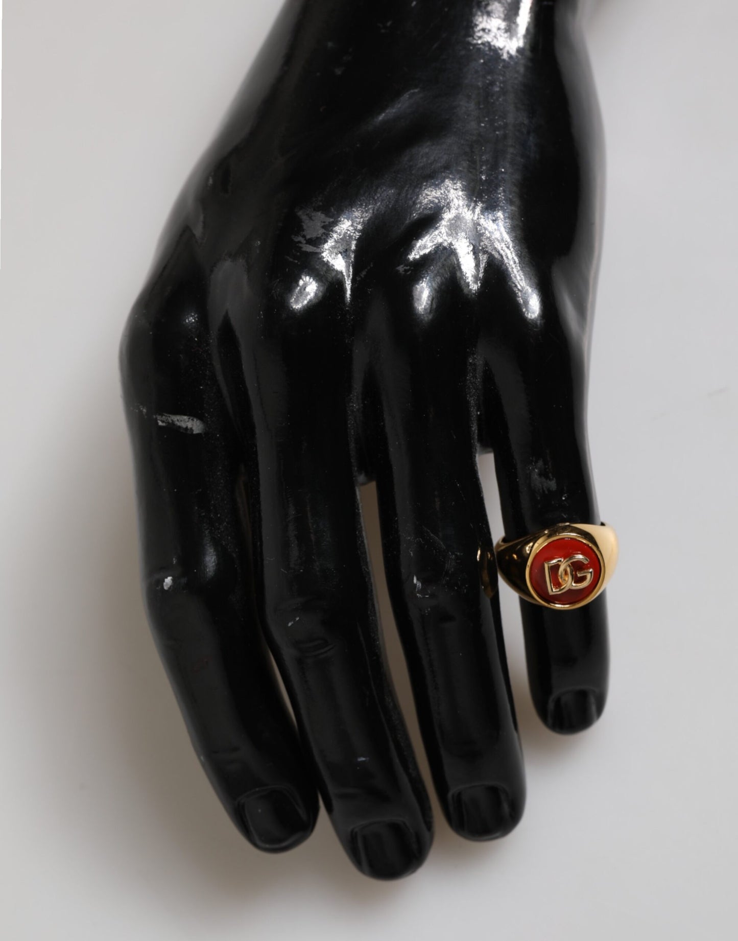 Dolce & Gabbana Gold Tone Real Brass Round Red DG Logo Men Ring