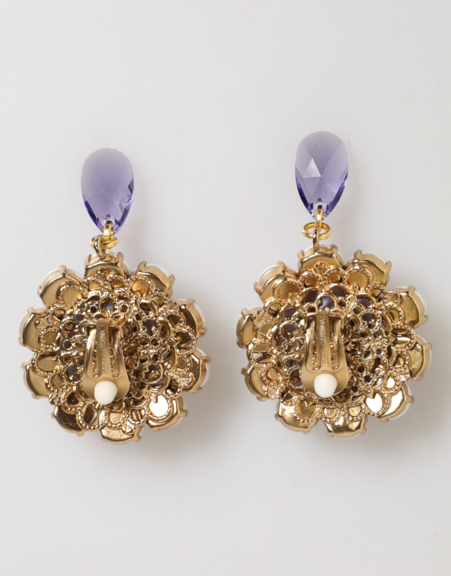 Dolce & Gabbana Purple Floral Crystal Pearl Drop Clip-On Statement Earrings