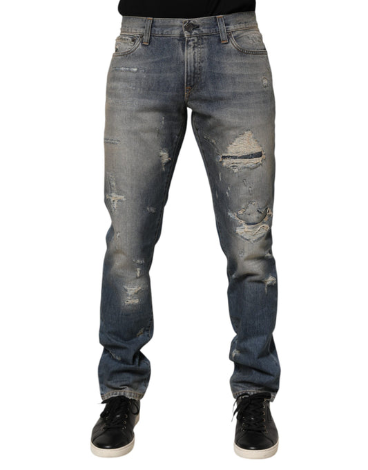 Dolce & Gabbana Blue Distressed Denim Slim Fit Pants Jeans