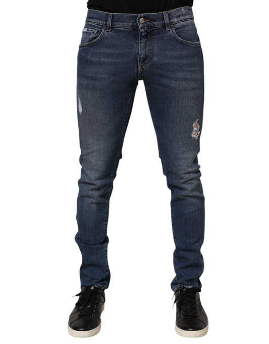Dolce & Gabbana Blue Cotton Logo Plaque Skinny Men Denim Jeans
