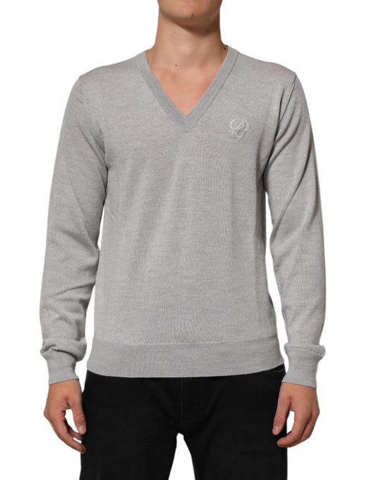 Dolce & Gabbana Gray Wool Knit Logo V-Neck Pullover Sweater