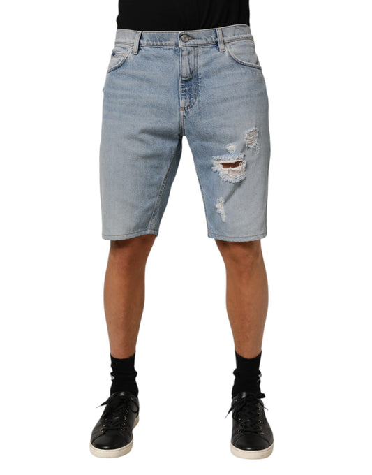 Dolce & Gabbana Blue Cotton Distressed Denim Bermuda Shorts
