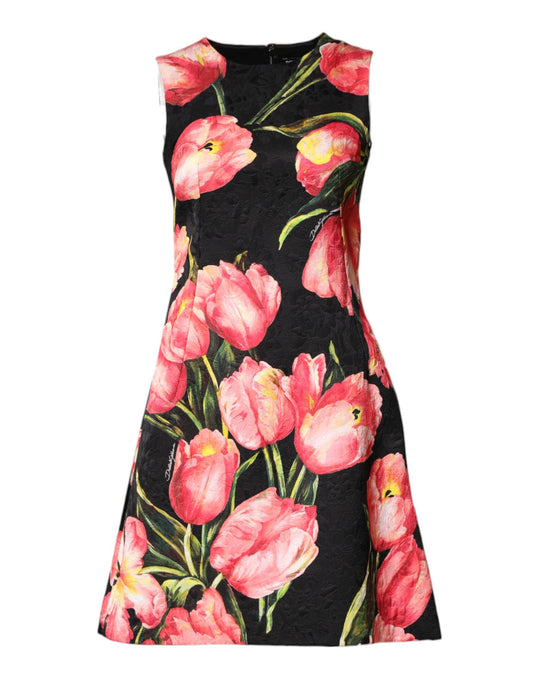Dolce & Gabbana Black Floral Print Viscose A-line Mini Dress