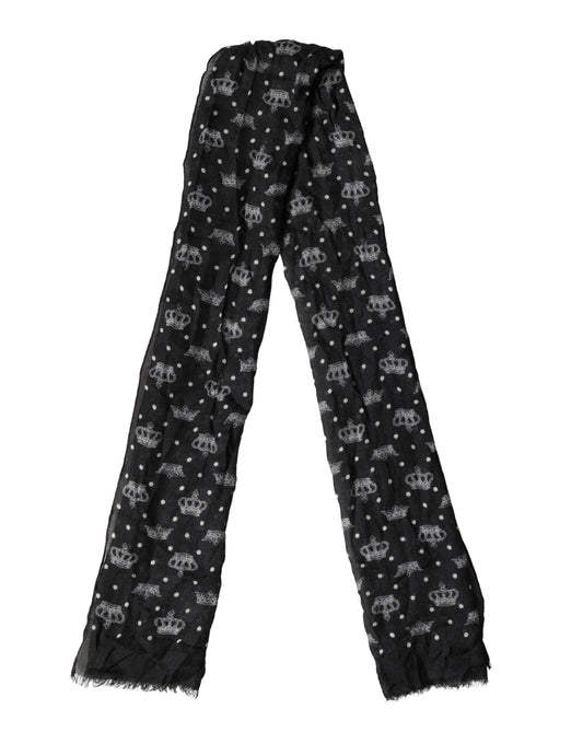 Dolce & Gabbana Black Wool Crown Print Fringe Neck Wrap 180cm x 65cm Scarf