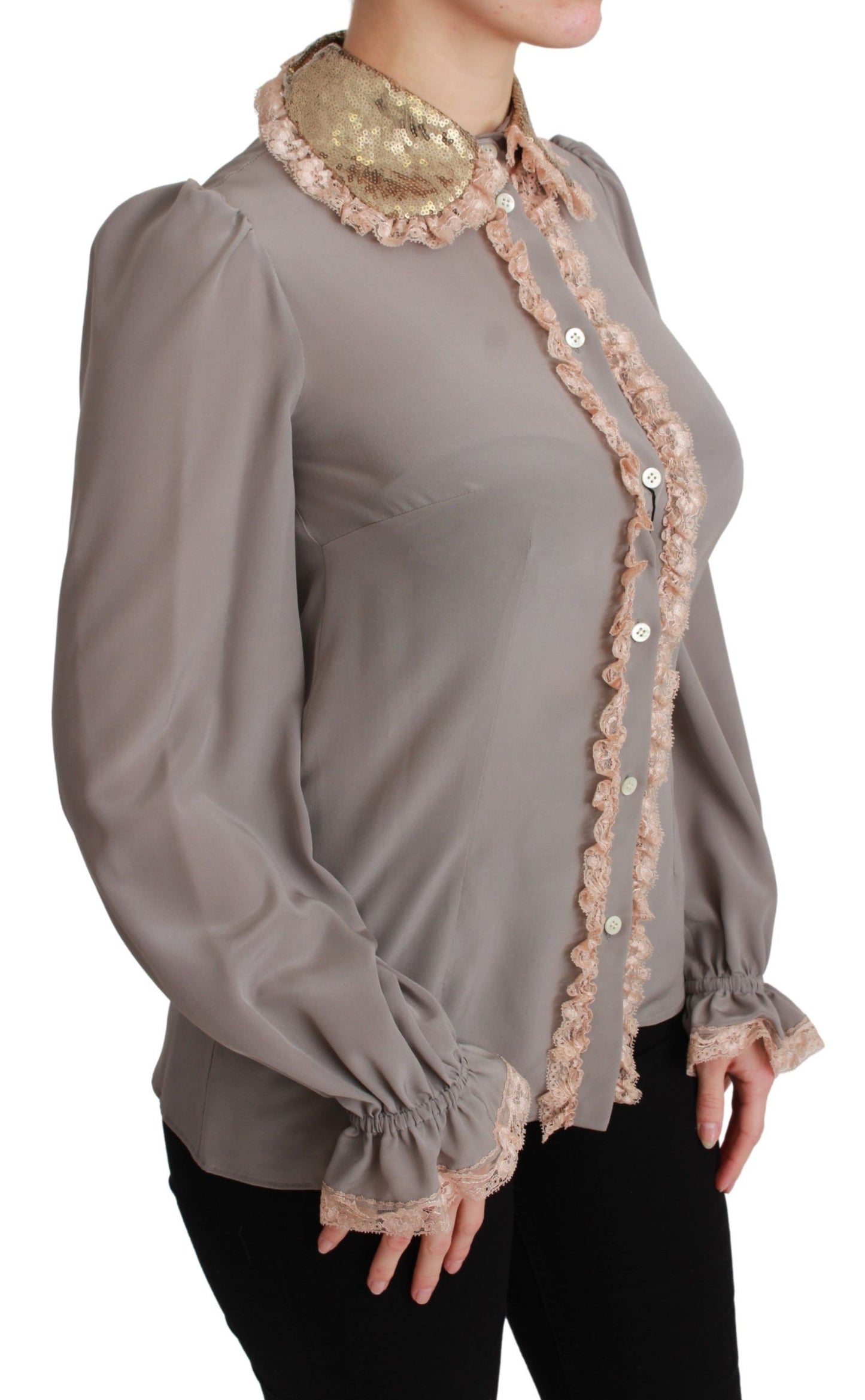 Dolce & Gabbana Gray Silk Gold Sequin Lace Blouse Shirt