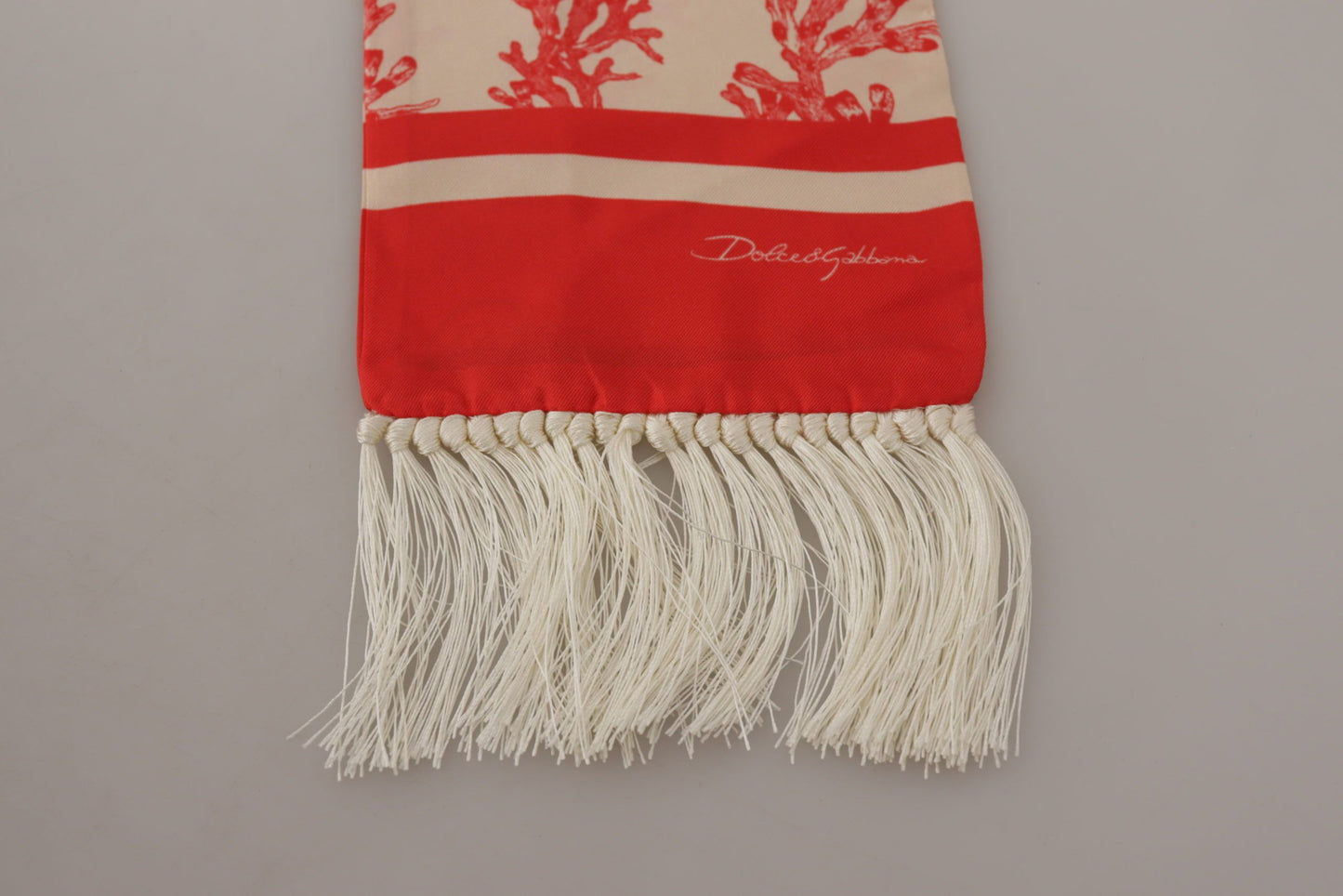 Dolce & Gabbana White Red Coral Print Shawl Wrap Fringe Scarf