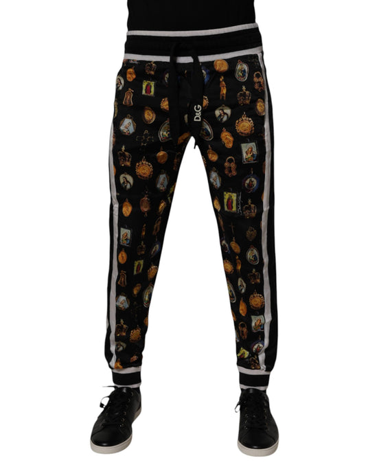 Dolce & Gabbana Black Religious Print Silk Men Jogger Pants