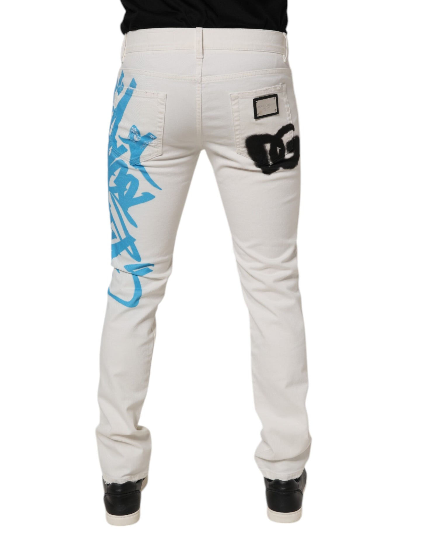 Dolce & Gabbana White Tattered Graffiti Skinny Denim Jeans