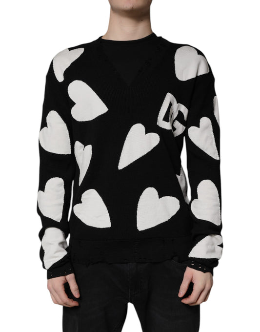 Dolce & Gabbana Black Hearts Silk Crew Neck Pullover Sweater