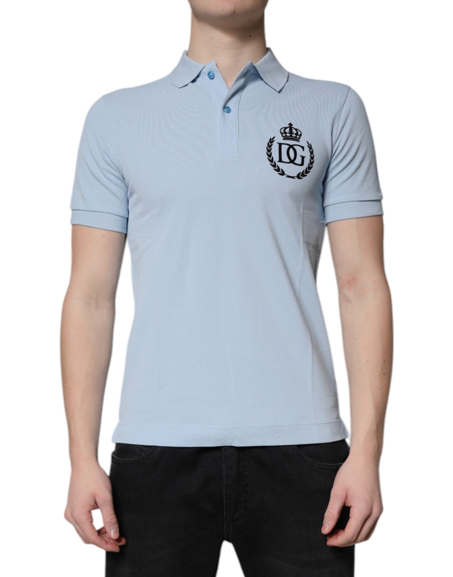 Dolce & Gabbana Sky Blue Cotton Crown Collared Polo T-shirt