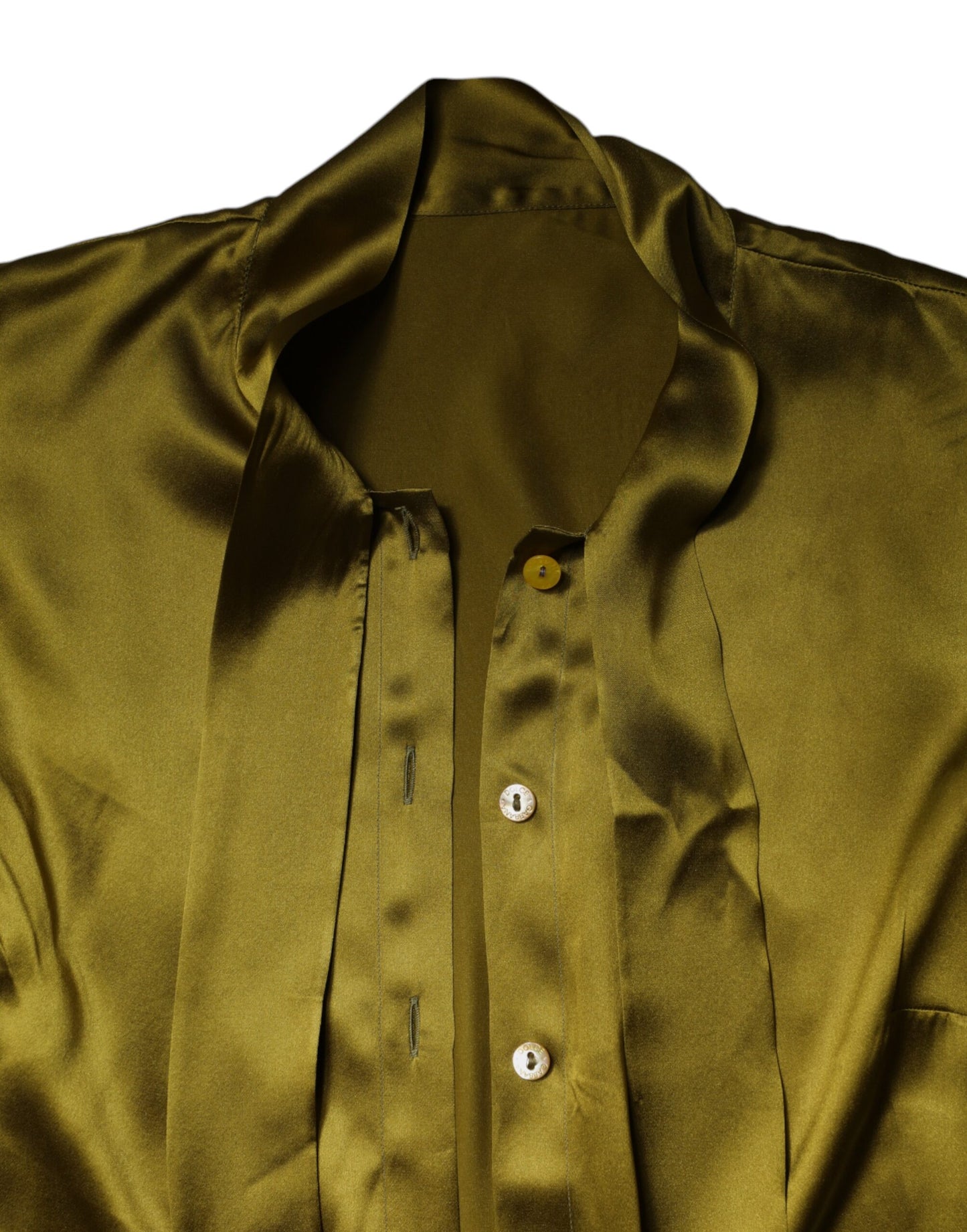 Dolce & Gabbana Olive Green Ascot Collar Long Sleeve Blouse Top