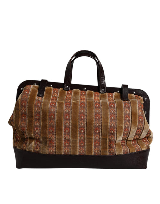 Dolce & Gabbana Beige Maroon Velvet Leather Jacquard Travel Handbag Bag