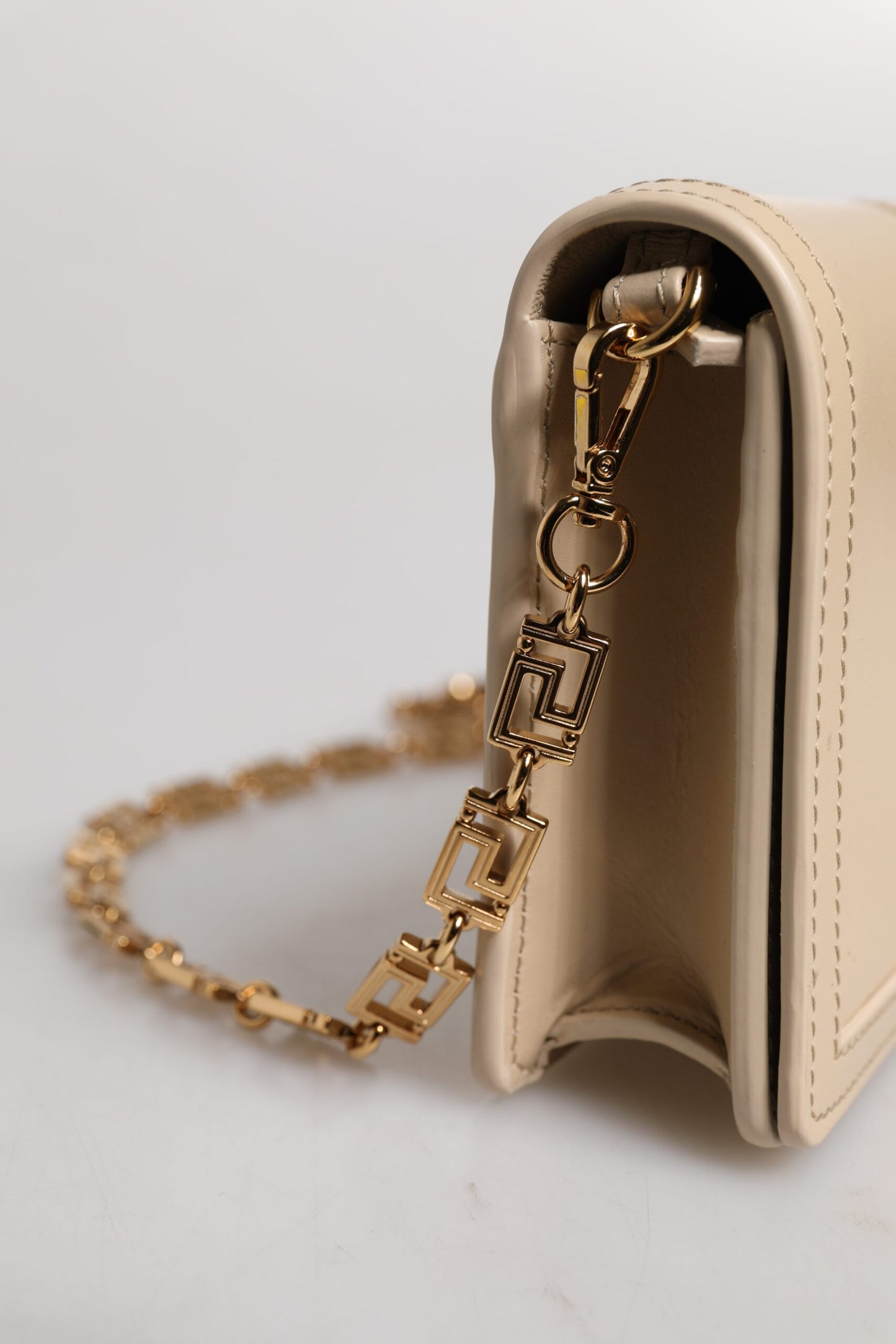 Versace Beige Gold Chain Calf Leather Wallet Crossbody Bag