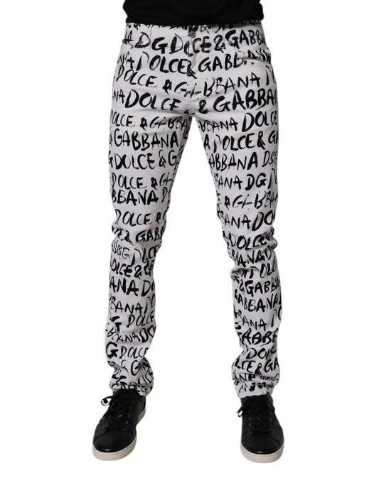 Dolce & Gabbana White Cotton Logo Print Skinny Denim Jeans