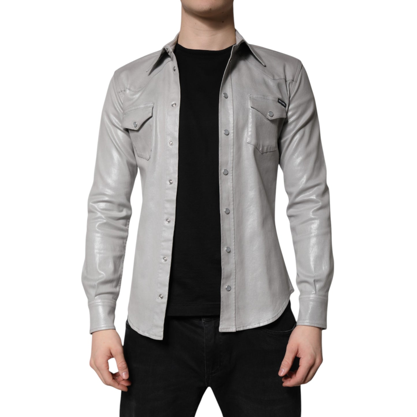 Dolce & Gabbana Metallic Gray Cotton Button Down Shirt