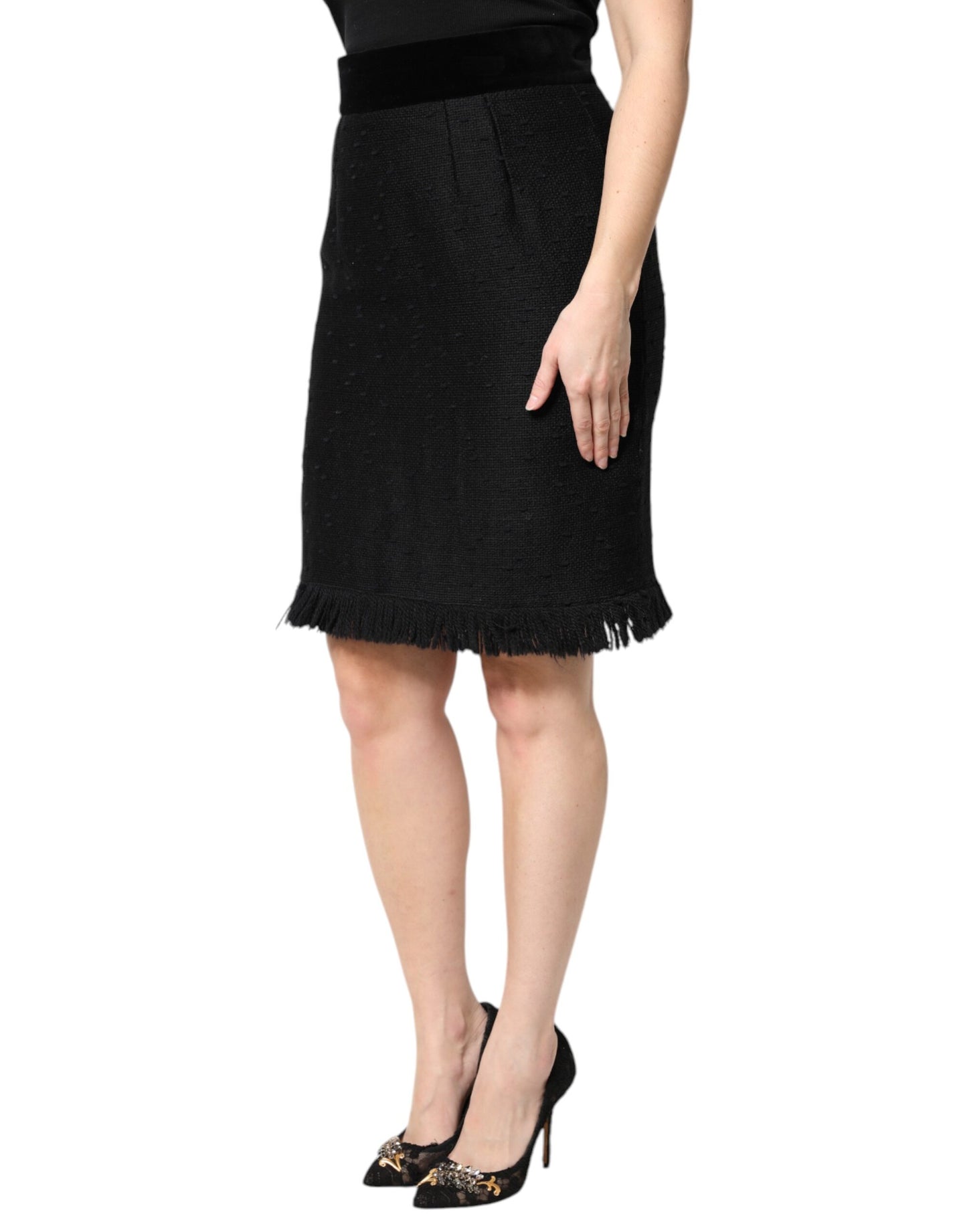 Dolce & Gabbana Black Wool Fringe High Waist Pencil Mini Skirt