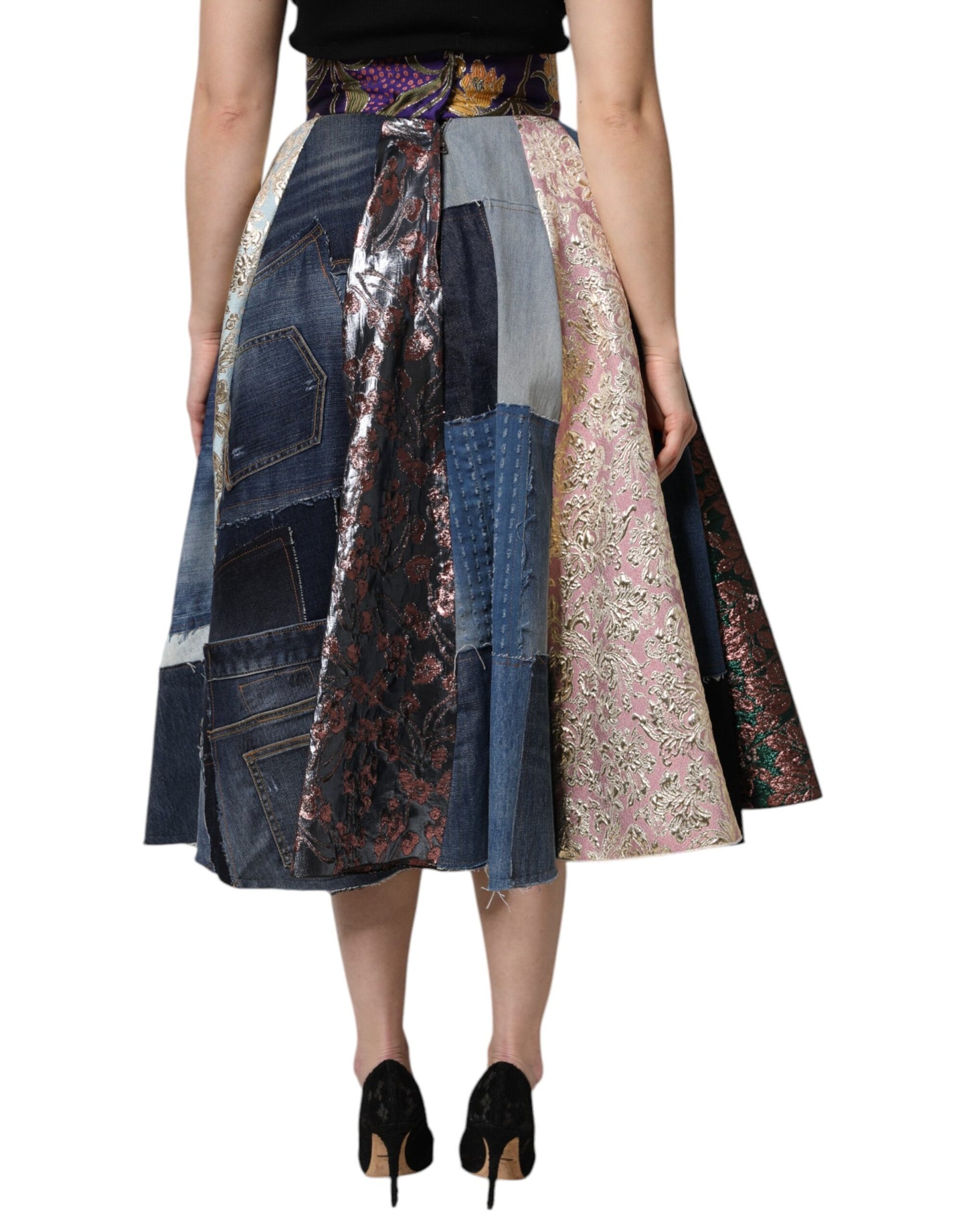 Dolce & Gabbana Multicolor Patchwork High Waisted Midi Skirt