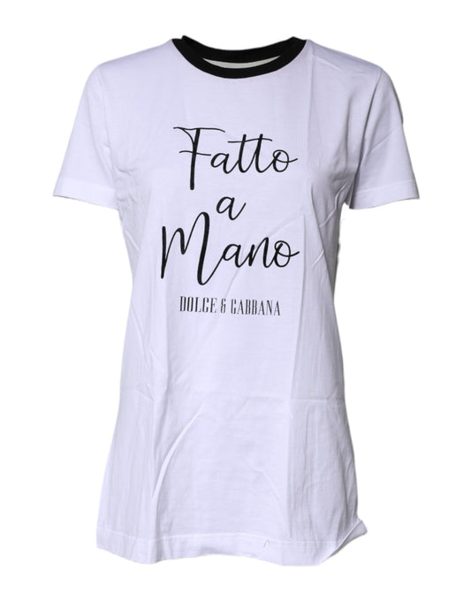 Dolce & Gabbana White Printed Round Neck Top Cotton T-shirt