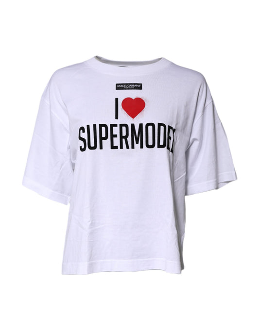Dolce & Gabbana White Printed Round Neck Top Cotton T-shirt