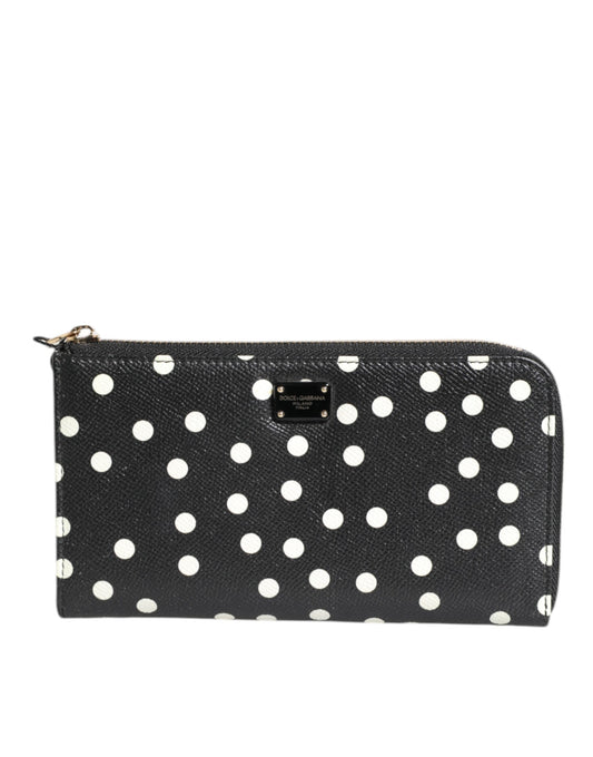 Dolce & Gabbana Black White Dotted Leather Zip Around Continental Wallet