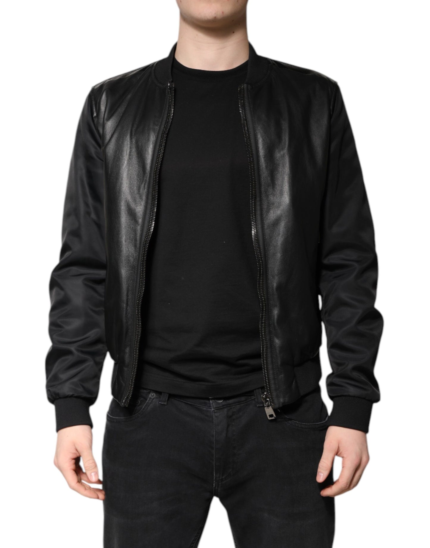 Dolce & Gabbana Black Lambskin Leather Biker Full Zip Jacket