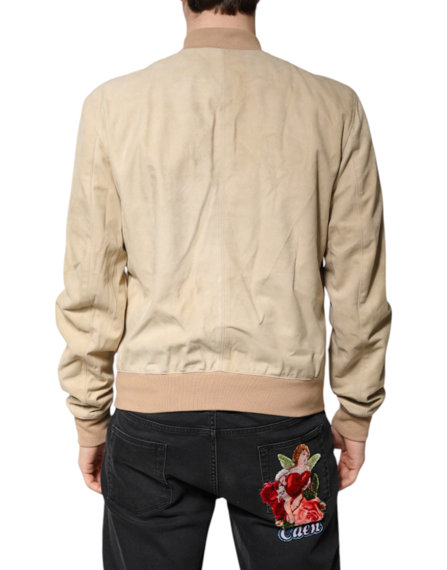 Dolce & Gabbana Beige Lambskin Full Zip Men Bomber Jacket