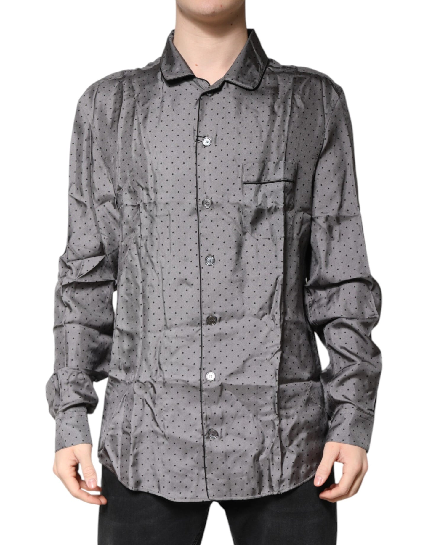 Dolce & Gabbana Gray Polka Dot Silk Long Sleeve Shirt