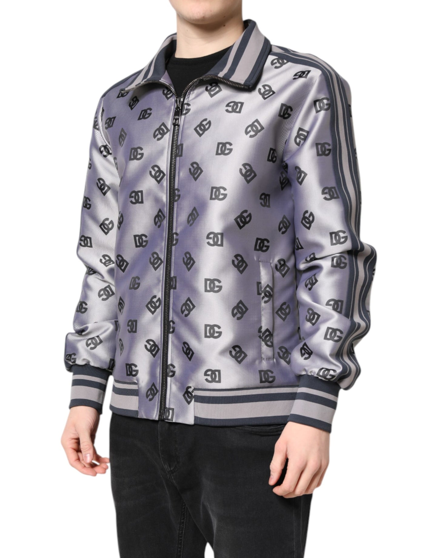 Dolce & Gabbana Gray Logo Monogram Full Zip Bomber Jacket