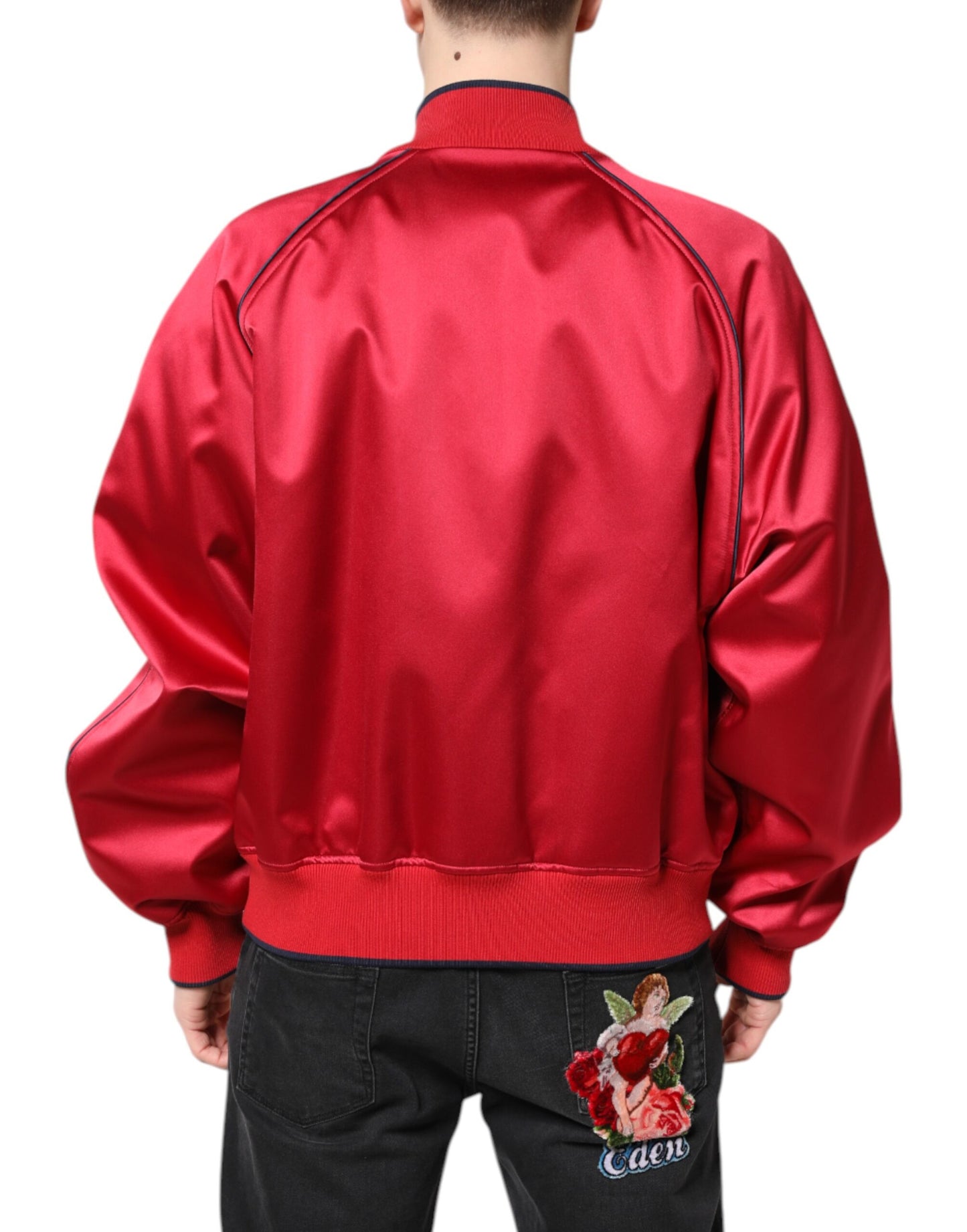 Dolce & Gabbana Red Floral Patch Full Zip Men Bomber Jacket