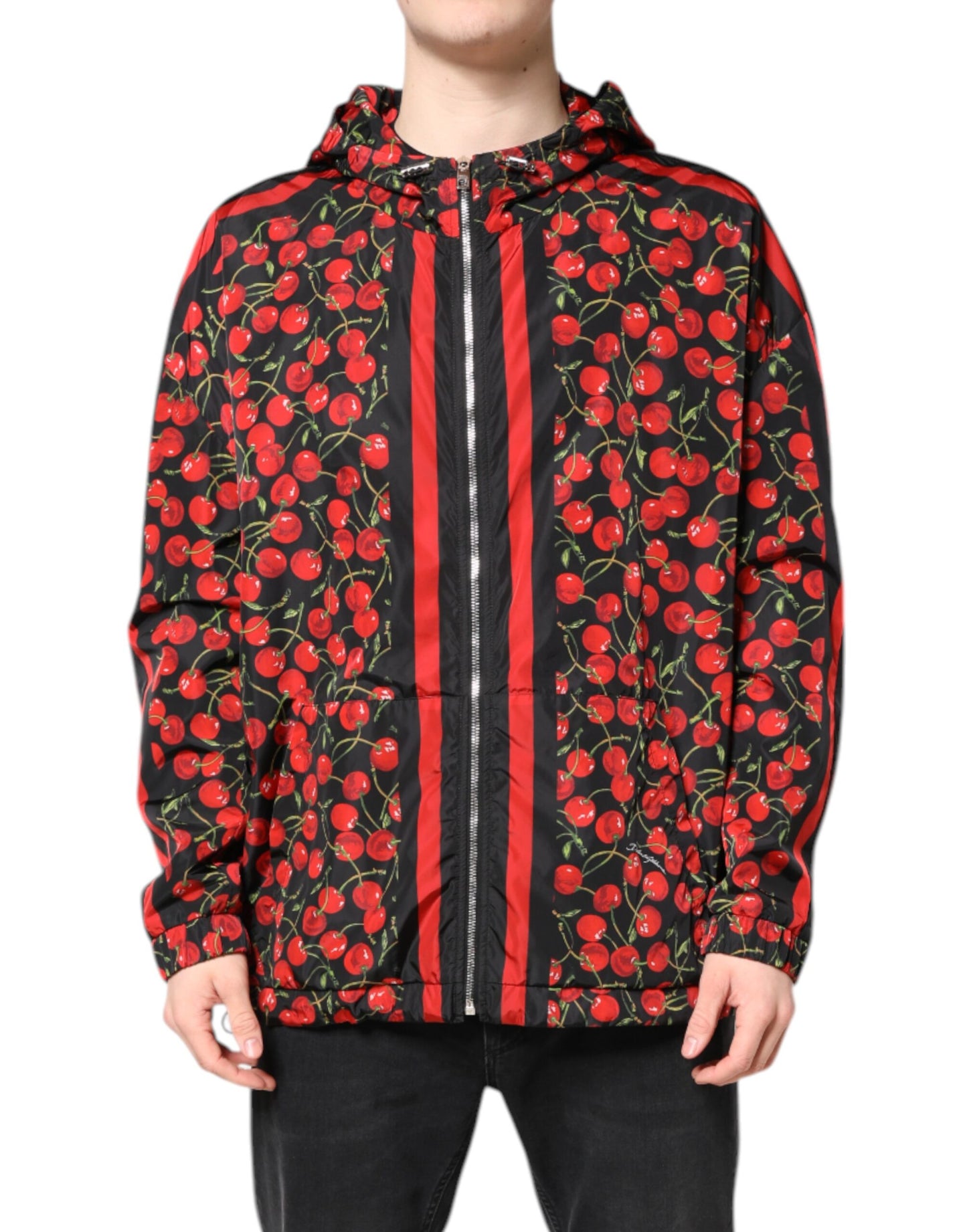 Dolce & Gabbana Black Cherry Print Hooded Windbreaker Jacket