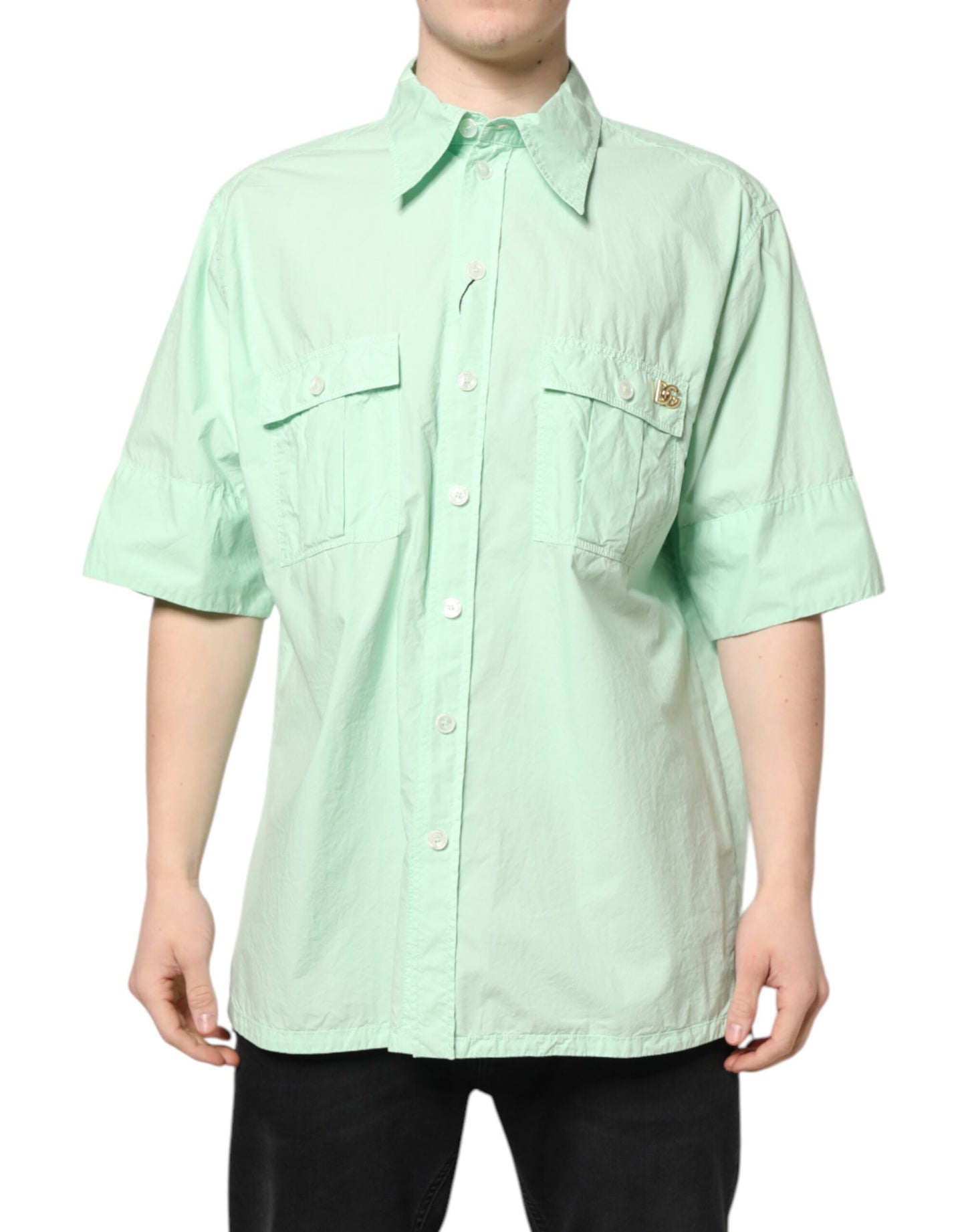 Dolce & Gabbana Green Cotton Short Sleeves Men Casual Shirt