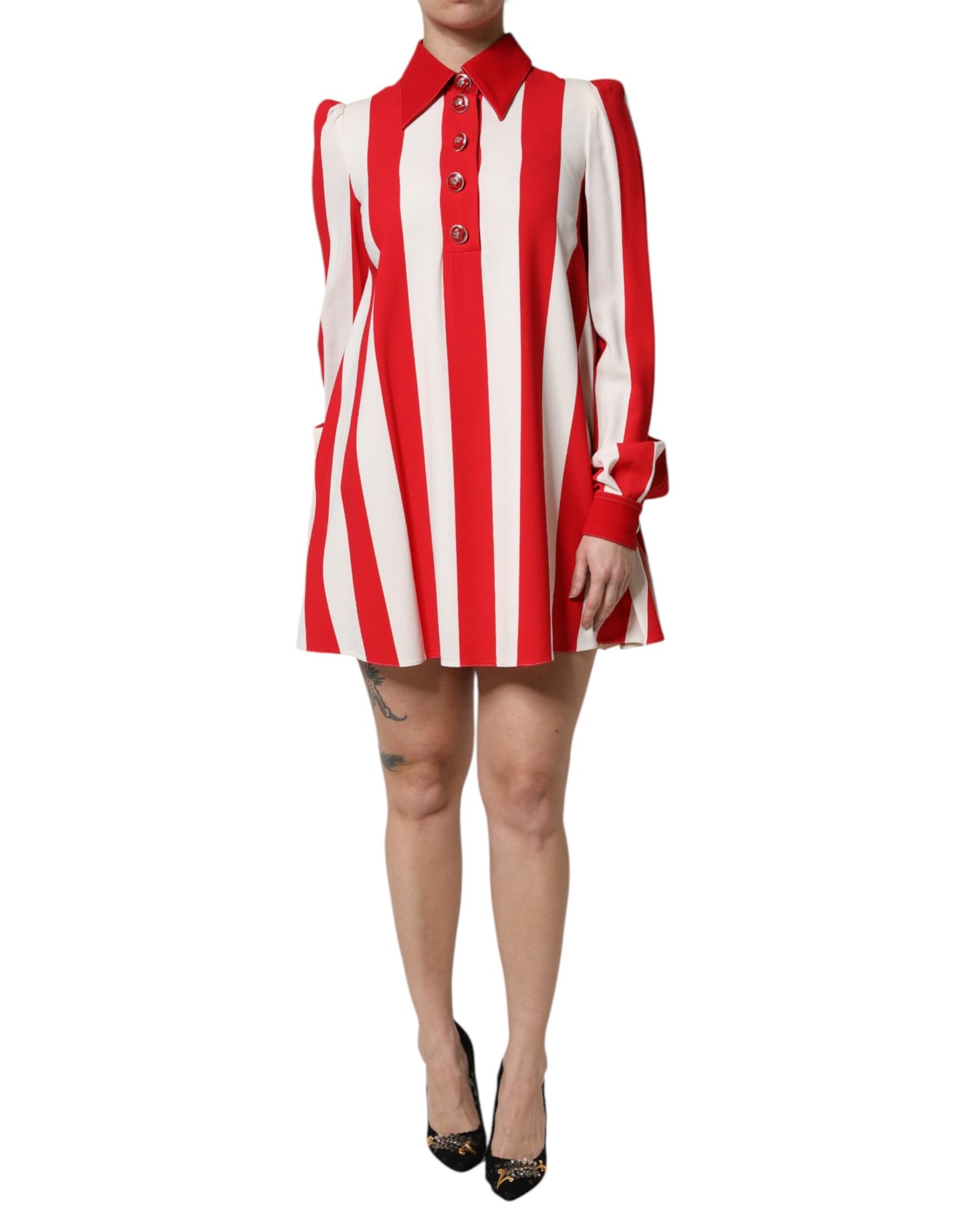 Dolce & Gabbana White Red Stripes Long Sleeves Mini Dress