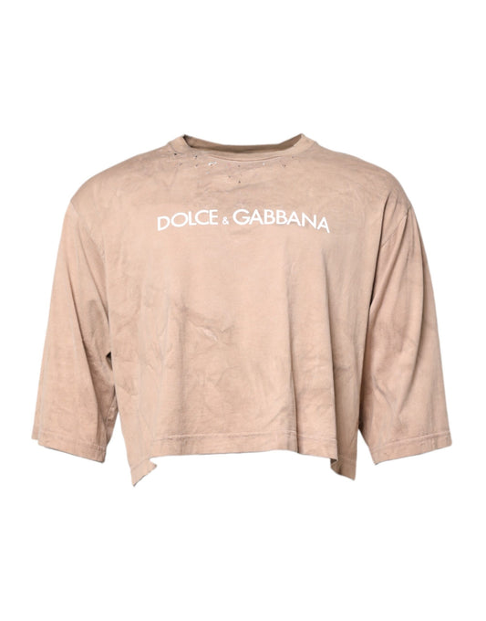 Dolce & Gabbana Beige Tie Dye Logo Print Cropped T-shirt