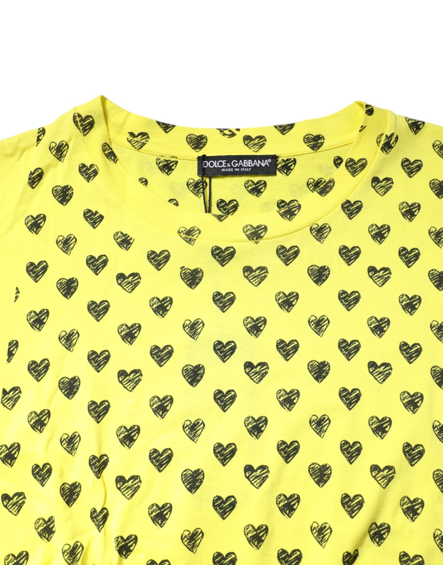 Dolce & Gabbana Yellow Cotton DG Heart Print Crew Neck T-shirt