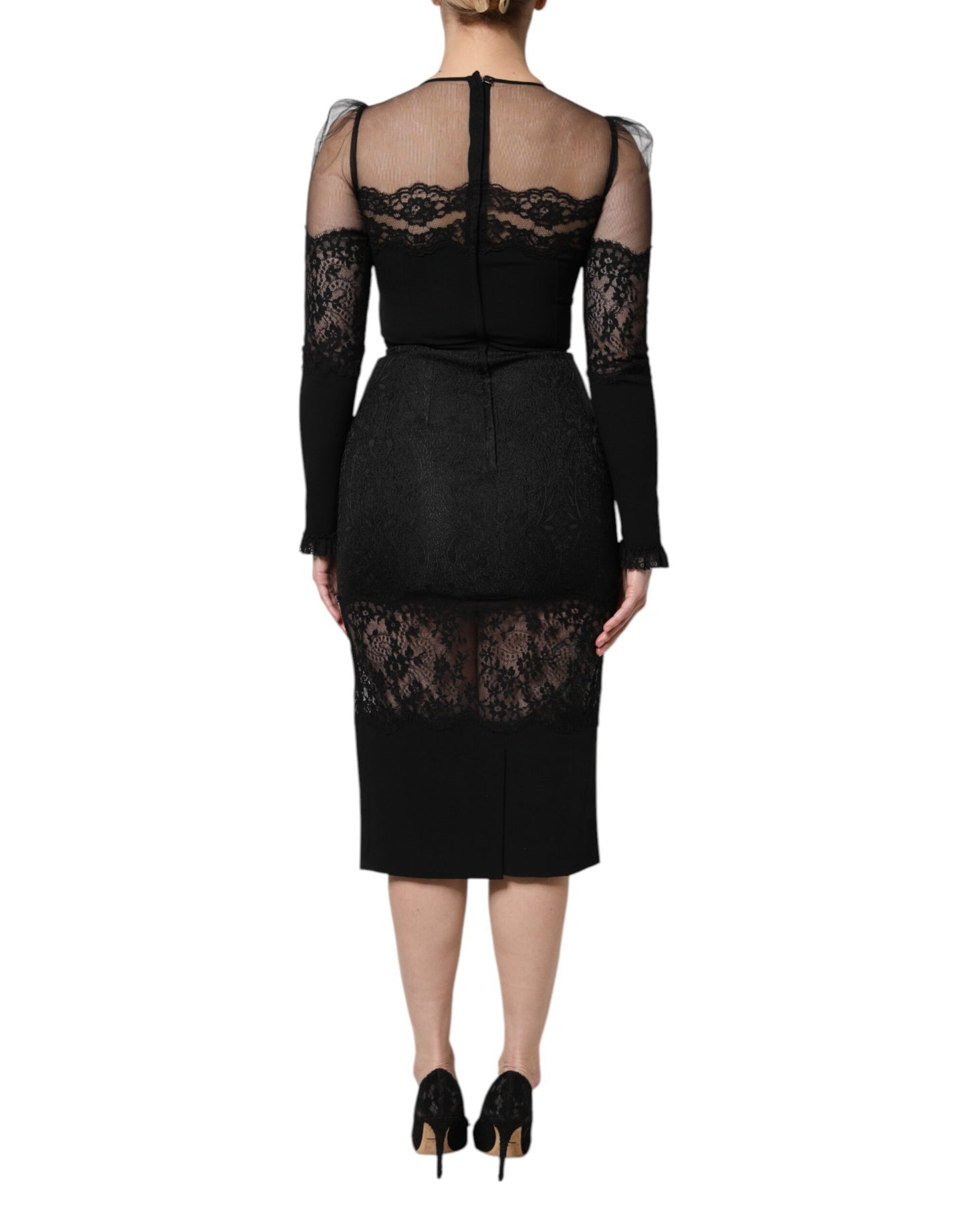 Dolce & Gabbana Black Lace Trim Nylon Tulle Sheath Midi Dress