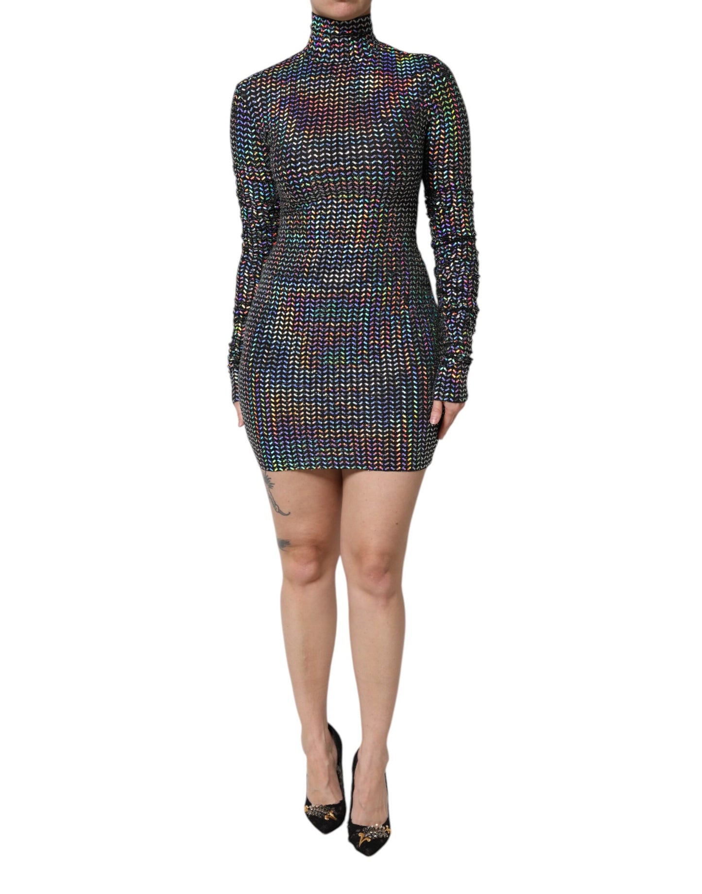 Dolce & Gabbana Black Embellished Nylon Bodycon Mini Dress