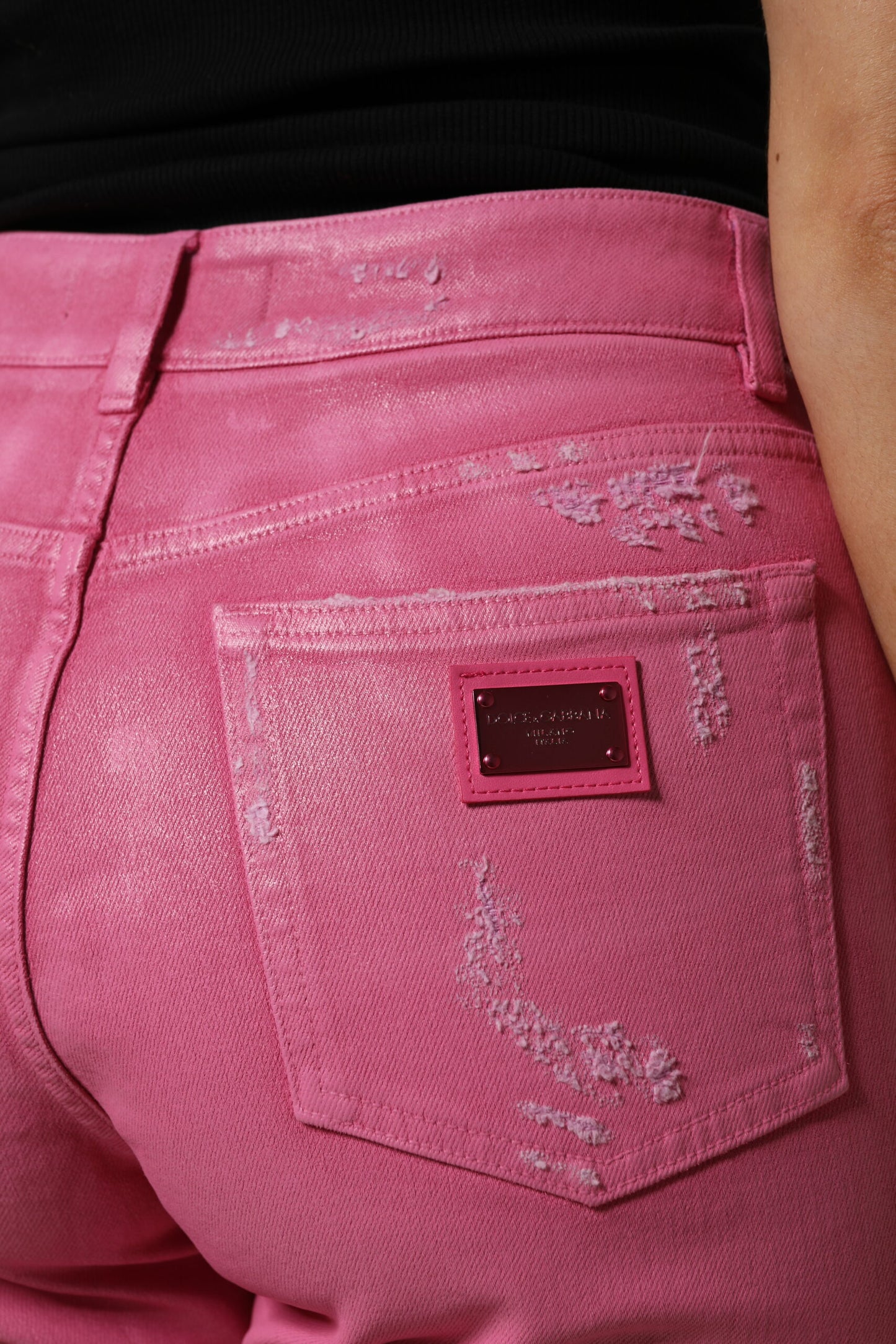 Dolce & Gabbana Pink Tattered Mid Waist Tapered Denim Jeans