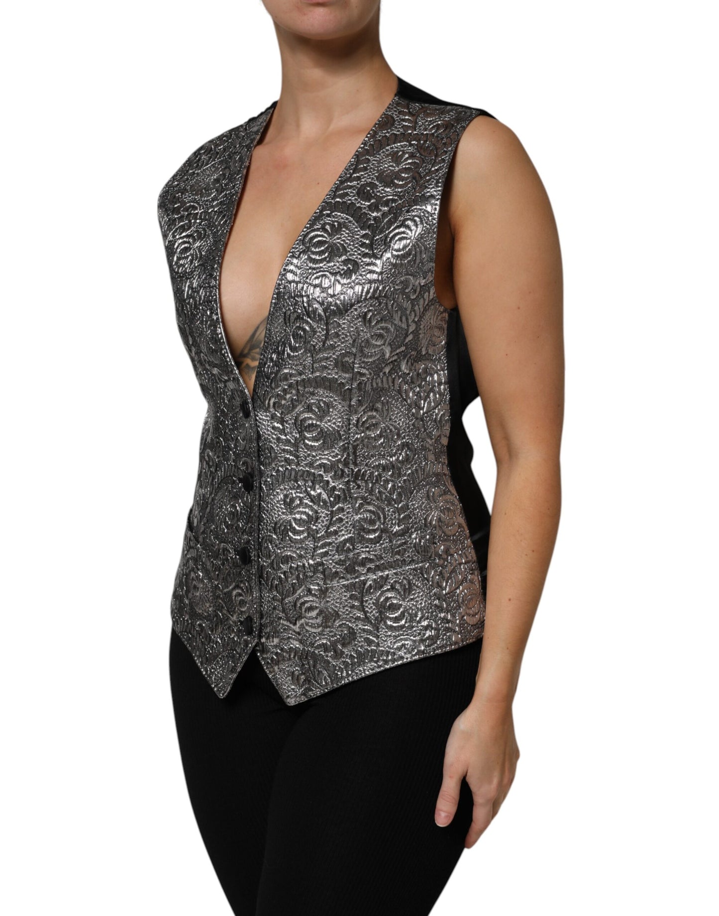 Dolce & Gabbana Silver Floral Jacquard Sleeveless Vest Top