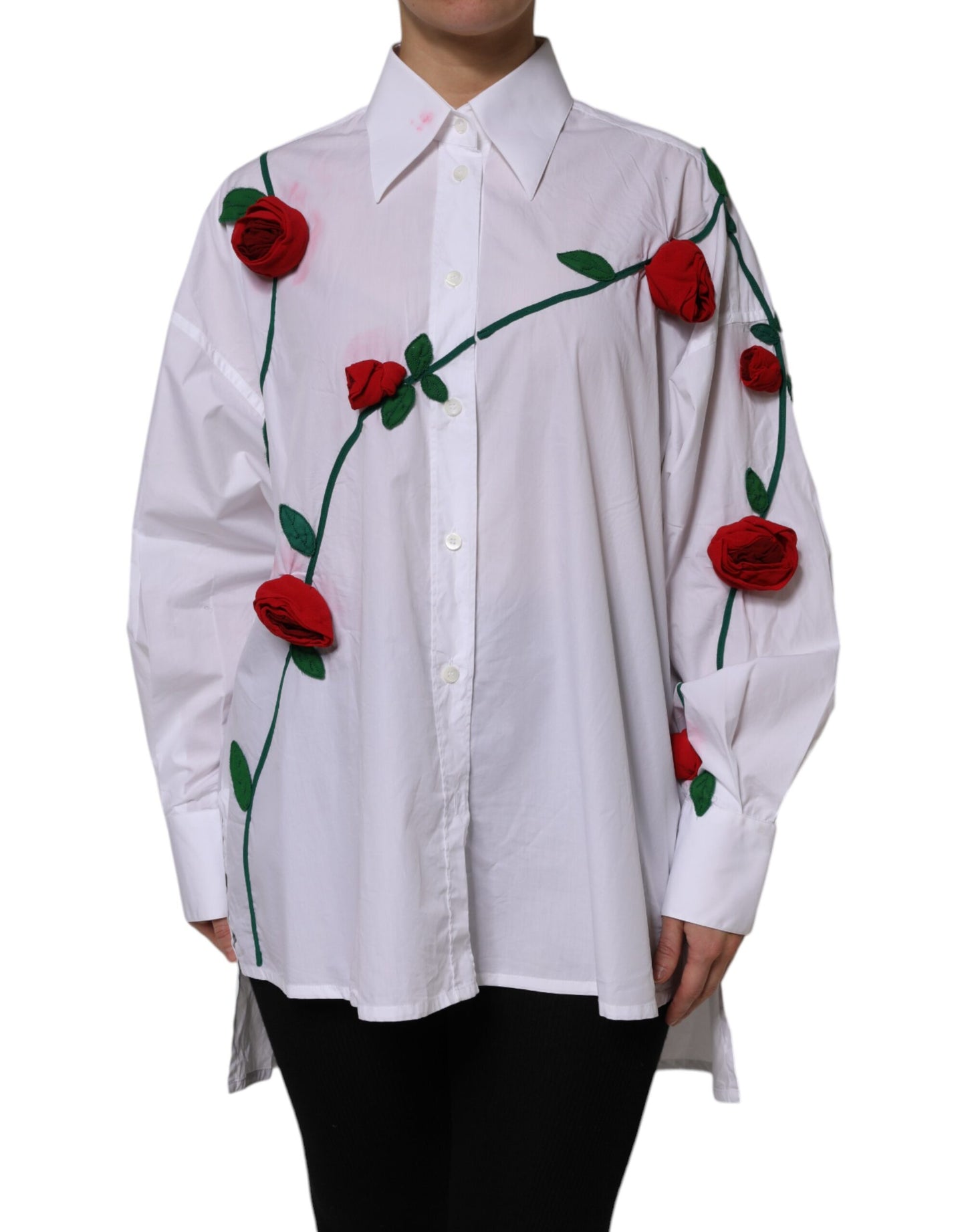 Dolce & Gabbana White Cotton Floral Appliques Dress Shirt Top