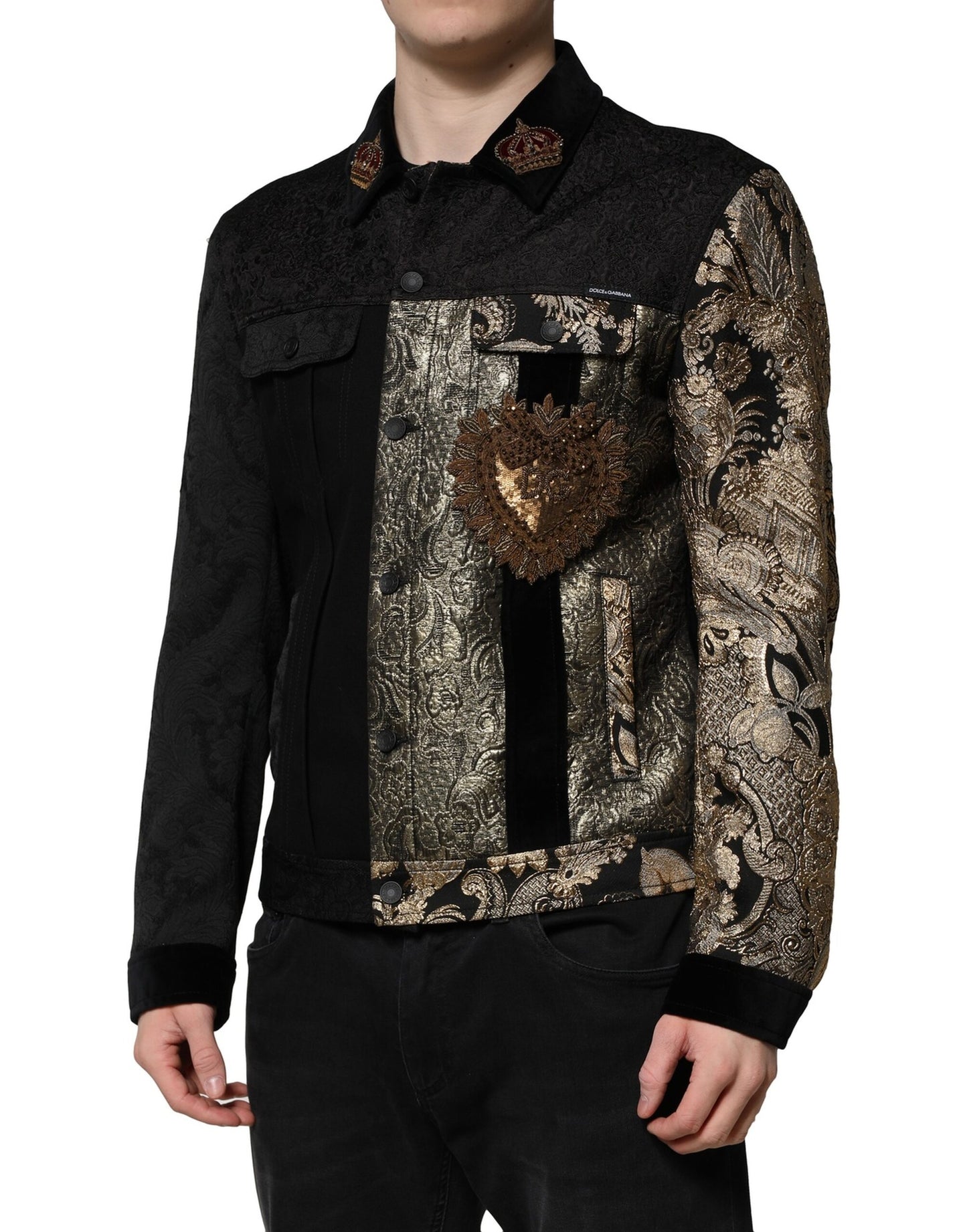 Dolce & Gabbana Black Gold Floral Jacquard Men Biker Jacket